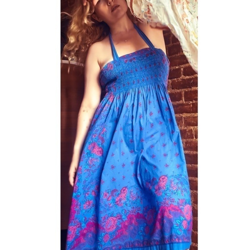 1970s Souleiado Charles Demerey Smocked Sun Dress Lilac Blue Pink